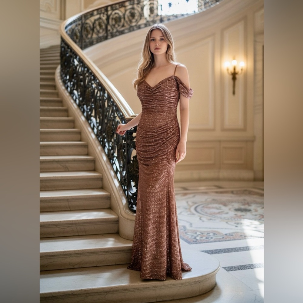 New rose gold sequin gown size 4 off shoulder glam maxi dress